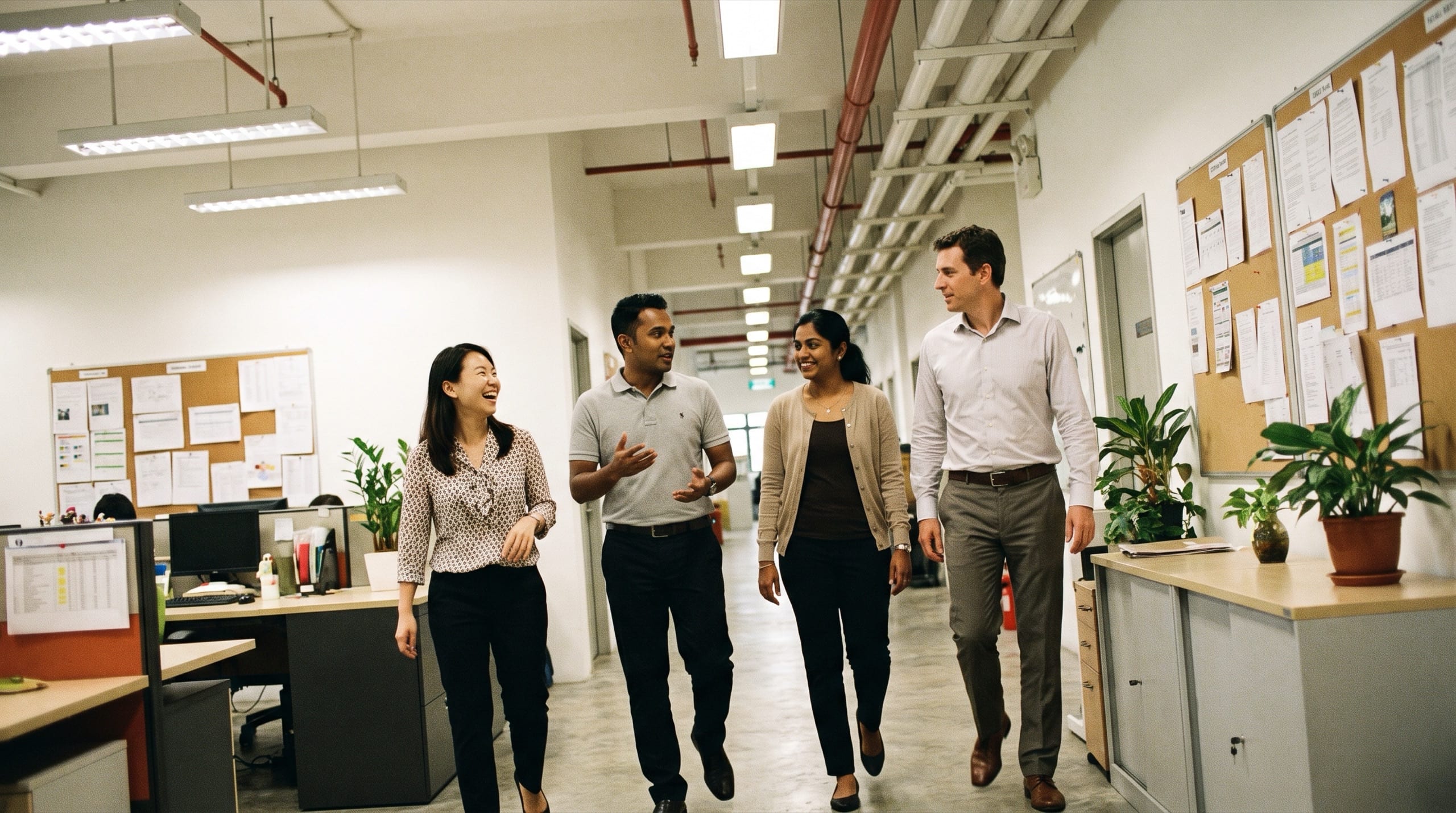Four colleagues walking together along an office corridor, mid-conversation.
