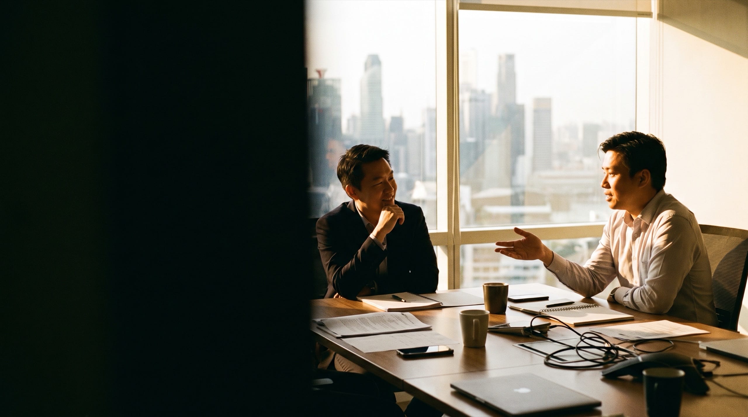 Two colleagues talking across a meeting table by an office window.