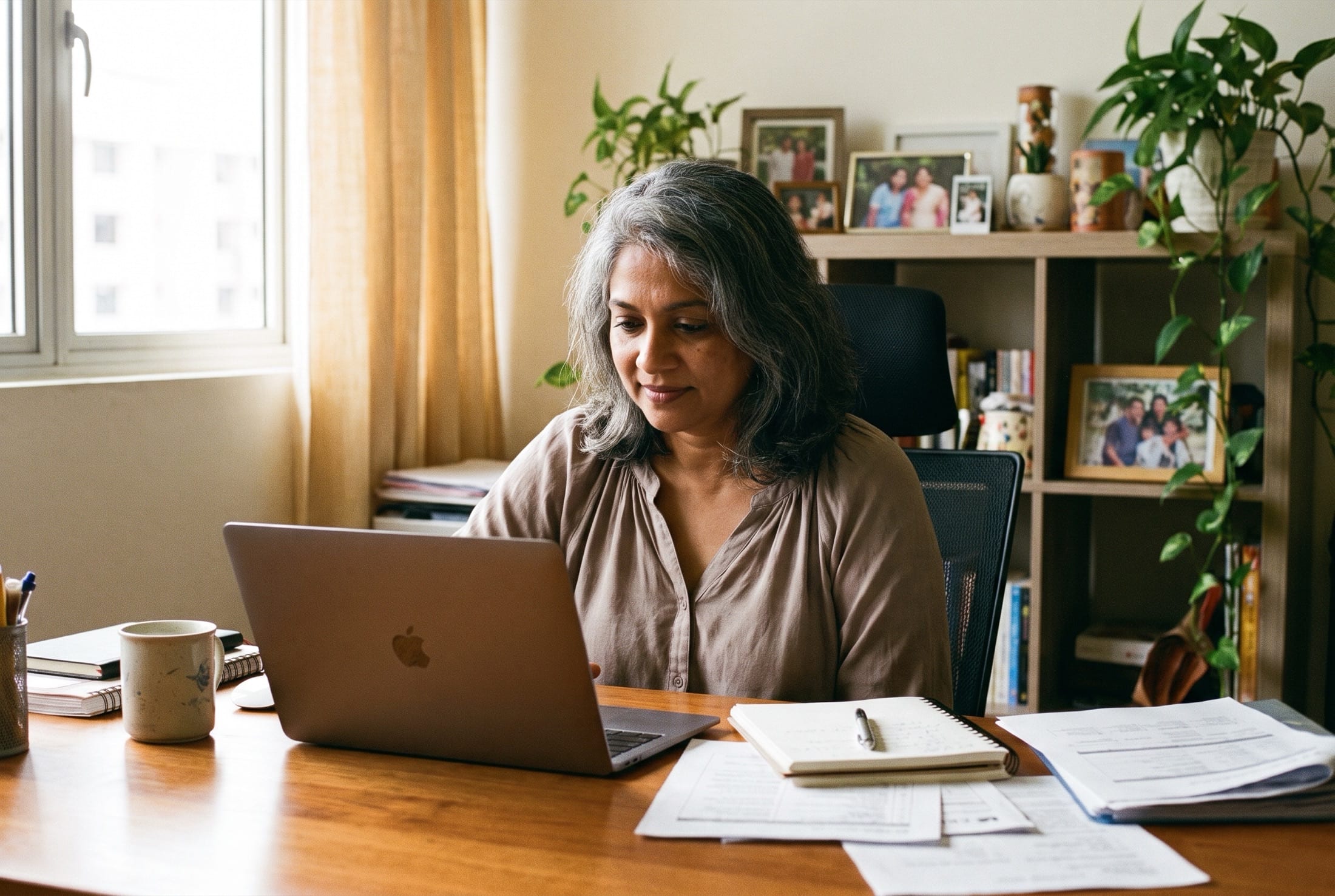 A payroll specialist at her desk, calm and absorbed.